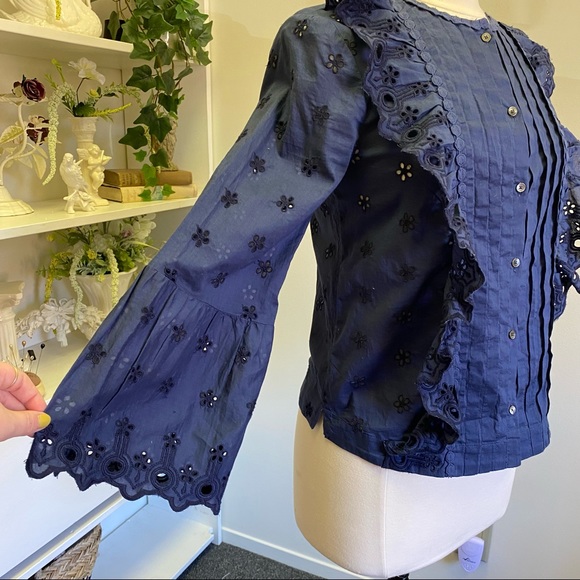 J Crew Navy Ruffle Eyelet Button Down Blouse - Picture 10 of 13